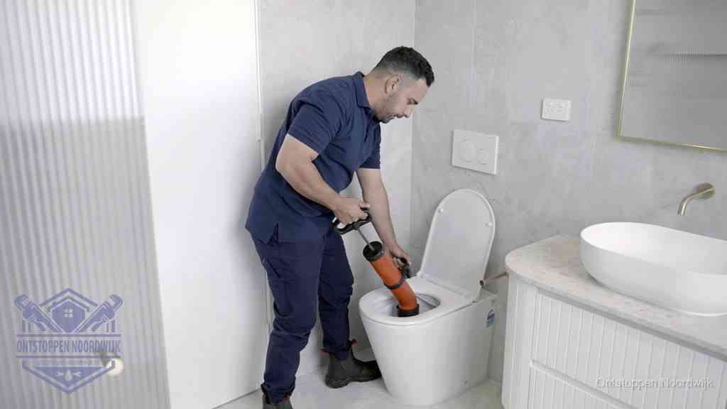 Een monteur buigt over een wandcloset en duwt met de hand een persluchtontstopper in de toiletpot om de verstopping handmatig los te maken in Noordwijk
