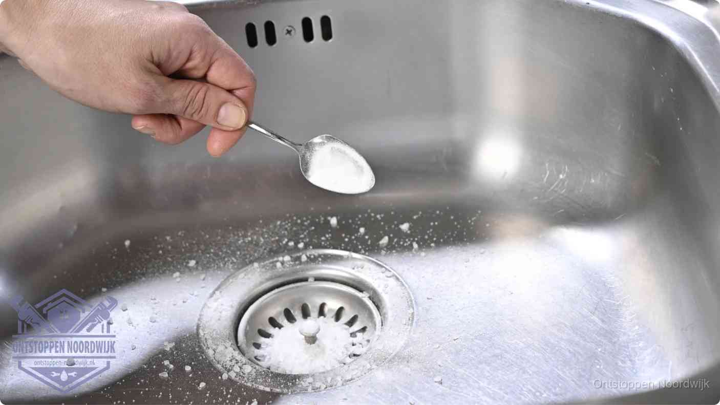 Een hand strooit met een lepel soda in een afvoerputje, de soda en azijn huismiddel-methode om de wc te ontstoppen in Noordwijk