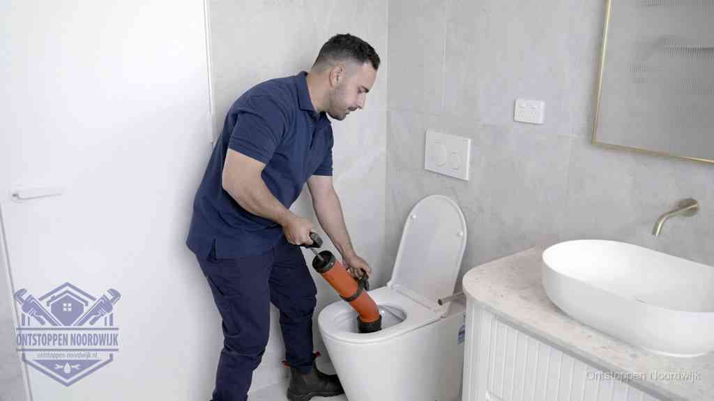 Een monteur gebruikt een handmatige perspomp (toiletontstopper) op een wandcloset tijdens het professioneel wc ontstoppen in Noordwijk