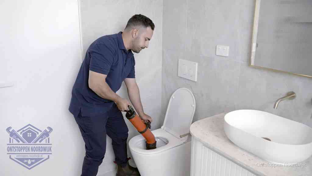 Een man gebruikt een handmatige luchtdruk-ontstopper in een modern betegeld toilet om zelf de wc te ontstoppen in Noordwijk
